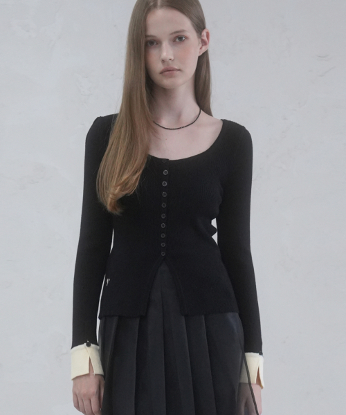 Vivacious(ビバシャス)の「Andy Square-neck Button Cardigan - 5COL(カーディガン/ボレロ・レディース・ブラック/グレー/ピンク/アイボリー/ミント・FREE)」の7枚目の写真