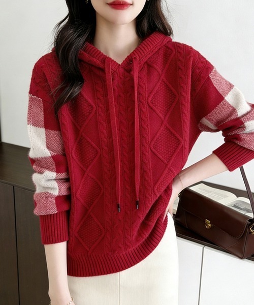 ケーブル編み×ボーダー袖フード付きニットトップス（ニット/セーター