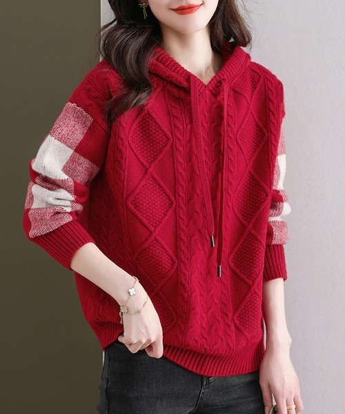 ケーブル編み×ボーダー袖フード付きニットトップス（ニット/セーター