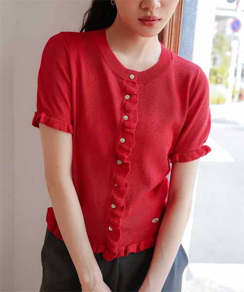 miette（ミエット）の「フリルデザイン半袖ニットカーディガン（カーディガン/ボレロ・レディース・グレー/ブラック/カーキ/レッド・L/M/S）」の4枚目の写真