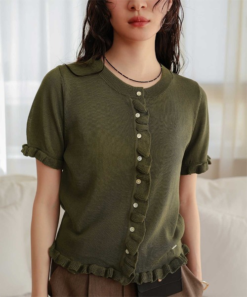 miette（ミエット）の「フリルデザイン半袖ニットカーディガン（カーディガン/ボレロ・レディース・グレー/ブラック/カーキ/レッド・L/M/S）」の19枚目の写真