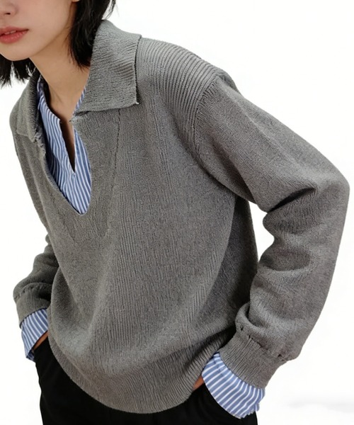 セール】フェイクレイヤード スキッパーカラーニットプルオーバー