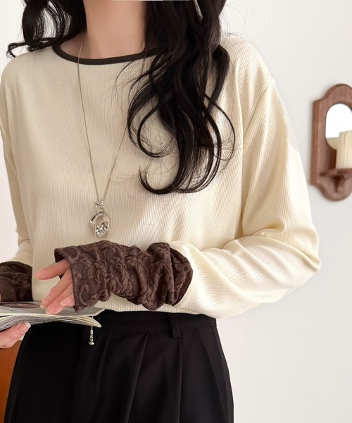classicalelf（クラシカルエルフ）の「袖先にジャガード咲く♪春、大本命の一着。ふくれジャガード切り替えリブトップス (長袖)（Tシャツ/カットソー・レディース・アイボリー/ブラック/ブラウン/グレー・MEDIUM/LARGE/X-LARGE/SMALL）」の17枚目の写真