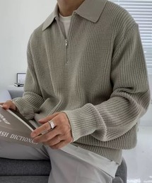 ハーフジップ 襟付き ワッフル編み ニット