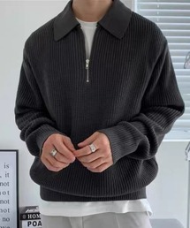 ハーフジップ 襟付き ワッフル編み ニット