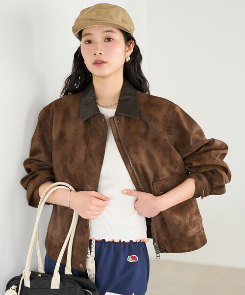 レザレット 2WAY ショートブルゾン/ノーカラー/襟切替（ブルゾン