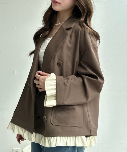 umune(ウムネ)の「テーラードジャケット ダブルボタン フリル 取り外し可能 アウター 軽アウター 羽織り 通勤 オフィス カジュアル 秋冬(テーラードジャケット・レディース・ベージュ/ネイビー/ブラウン・FREE)」の11枚目の写真