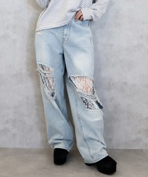 CECIL McBEE（セシルマクビー）の「レースダメージデニムワイドパンツ（デニムパンツ）」