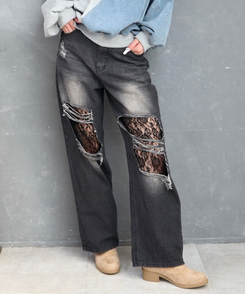 CECIL McBEE（セシルマクビー）の「レースダメージデニムワイドパンツ（デニムパンツ・レディース・ブラック/サックスブルー・MEDIUM/LARGE）」の15枚目の写真