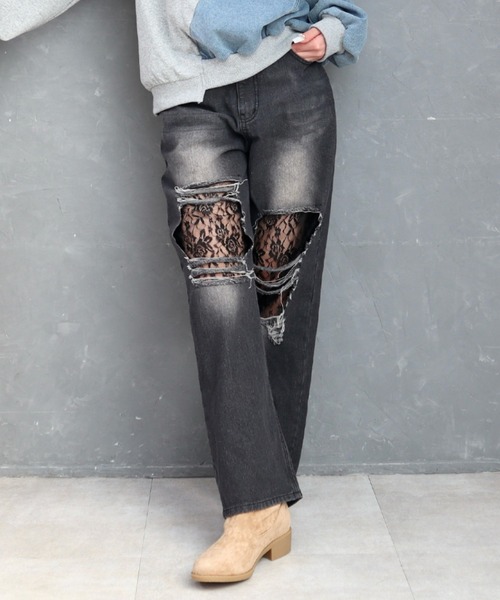 CECIL McBEE（セシルマクビー）の「レースダメージデニムワイドパンツ（デニムパンツ・レディース・ブラック/サックスブルー・MEDIUM/LARGE）」の16枚目の写真