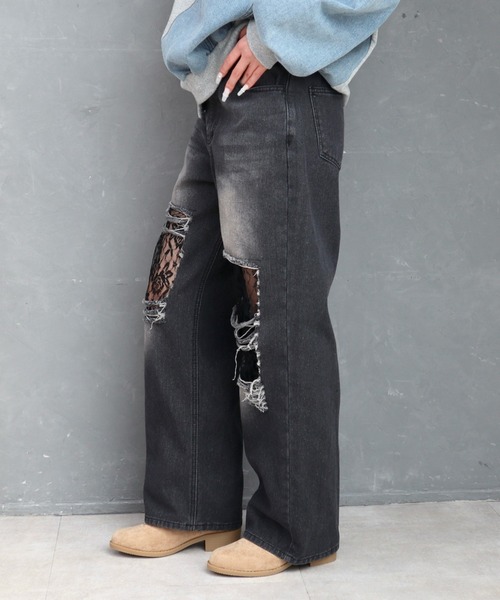 CECIL McBEE（セシルマクビー）の「レースダメージデニムワイドパンツ（デニムパンツ・レディース・ブラック/サックスブルー・MEDIUM/LARGE）」の17枚目の写真