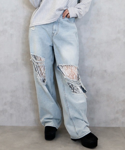 CECIL McBEE（セシルマクビー）の「レースダメージデニムワイドパンツ（デニムパンツ・レディース・ブラック/サックスブルー・MEDIUM/LARGE）」の9枚目の写真