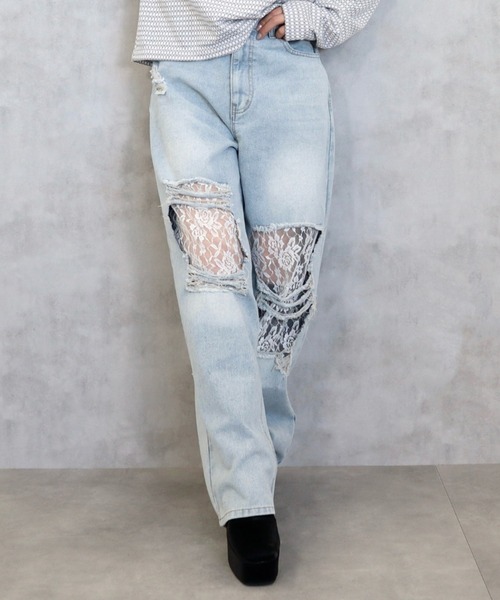 CECIL McBEE（セシルマクビー）の「レースダメージデニムワイドパンツ（デニムパンツ・レディース・ブラック/サックスブルー・MEDIUM/LARGE）」の10枚目の写真