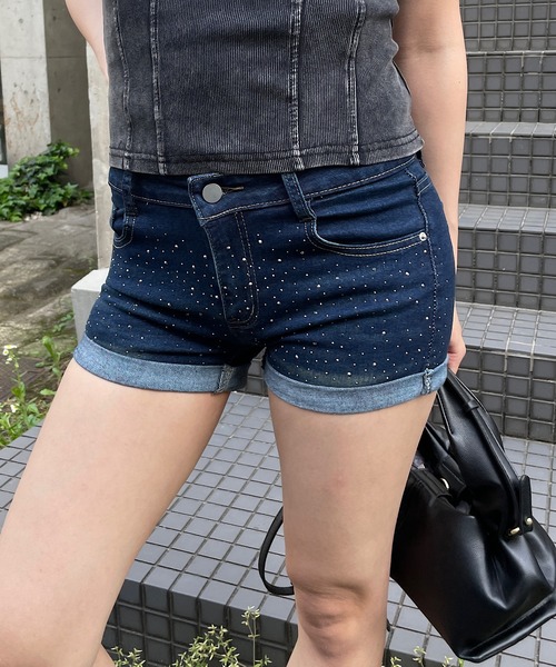 セール】ラインストーン付き マイクロ デニムショートパンツ（デニム