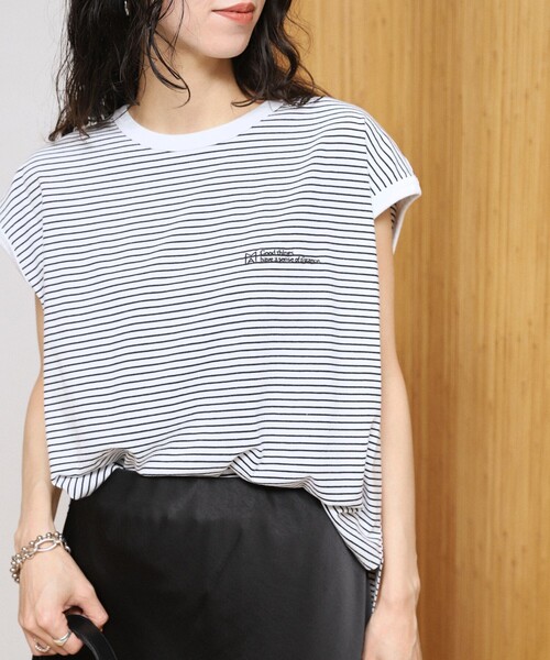 Firsthand(ファーストハンド)の「MA Firsthand/マ ファーストハンド ピンボーダー フレンチスリーブ Tシャツ/ PIN BORDER FRENCH SLEEVE TEE(Tシャツ/カットソー・レディース・ブラック/ネイビー/ホワイト・FREE)」の2枚目の写真