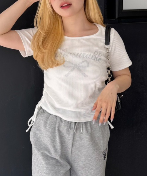 Another Branch olive des olive(アナザーブランチオリーブデオリーブ)の「アソートラインストーンロゴ脇ギャザーTシャツ(Tシャツ/カットソー・レディース・ホワイト系その他/ブラック/オフホワイト/チャコールグレー・FREE)」の7枚目の写真