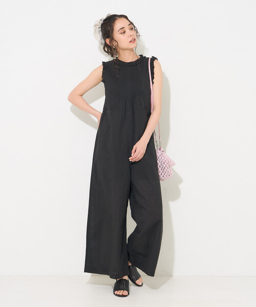 FREAK'S STORE(フリークスストア)の「インド 裁ち切りフリルロンパース(つなぎ/オールインワン・レディース・オリーブ/ブラック・フリ-)」の1枚目の写真