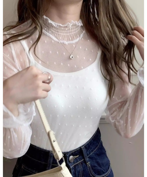 CHEER（チアー）の「ドット柄ハイネックシースルートップス（Tシャツ/カットソー・レディース・ブラック/ホワイト・FREE）」の5枚目の写真