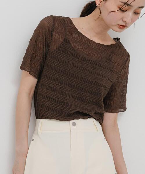 SENSE OF PLACE by URBAN RESEARCH（センスオブプレイスバイアーバンリサーチ）の「シャーリングシアートップ(5分袖)（Tシャツ/カットソー・レディース・アイボリー/ブラウン/オレンジ/ブラック・ONE）」の3枚目の写真