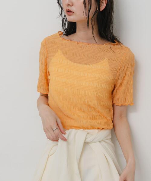 SENSE OF PLACE by URBAN RESEARCH（センスオブプレイスバイアーバンリサーチ）の「シャーリングシアートップ(5分袖)（Tシャツ/カットソー・レディース・アイボリー/ブラウン/オレンジ/ブラック・ONE）」の4枚目の写真