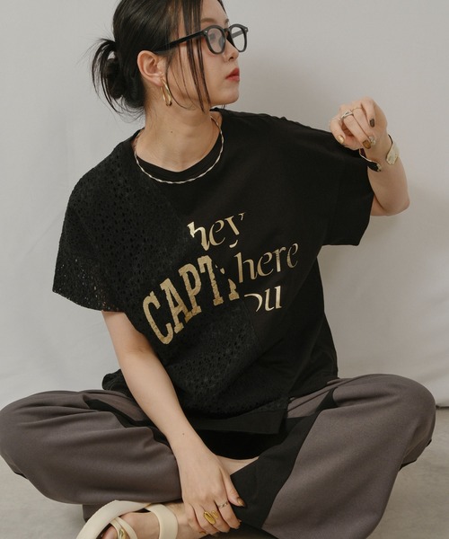 palm RICHE(ポームリシュ)の「アシメレース切替箔ロゴT(Tシャツ/カットソー・レディース・ブラック/オフホワイト・M)」の22枚目の写真
