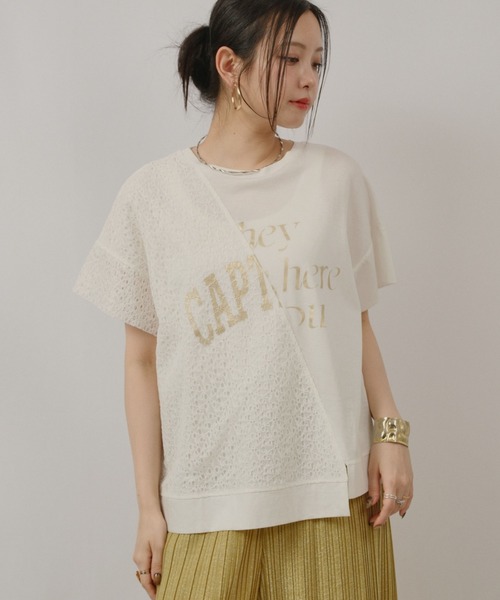palm RICHE(ポームリシュ)の「アシメレース切替箔ロゴT(Tシャツ/カットソー・レディース・ブラック/オフホワイト・M)」の8枚目の写真