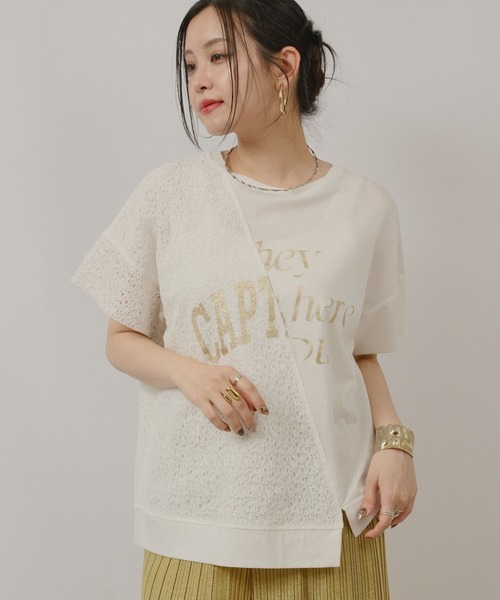 palm RICHE(ポームリシュ)の「アシメレース切替箔ロゴT(Tシャツ/カットソー・レディース・ブラック/オフホワイト・M)」の9枚目の写真