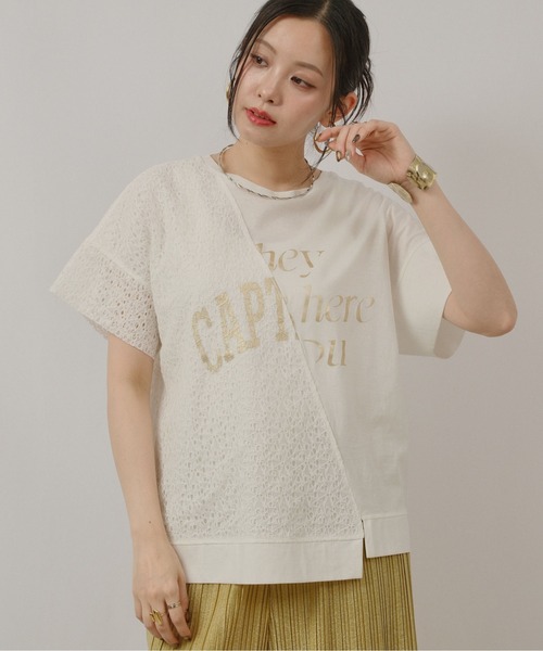 palm RICHE(ポームリシュ)の「アシメレース切替箔ロゴT(Tシャツ/カットソー・レディース・ブラック/オフホワイト・M)」の4枚目の写真
