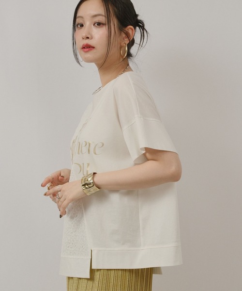 palm RICHE(ポームリシュ)の「アシメレース切替箔ロゴT(Tシャツ/カットソー・レディース・ブラック/オフホワイト・M)」の5枚目の写真