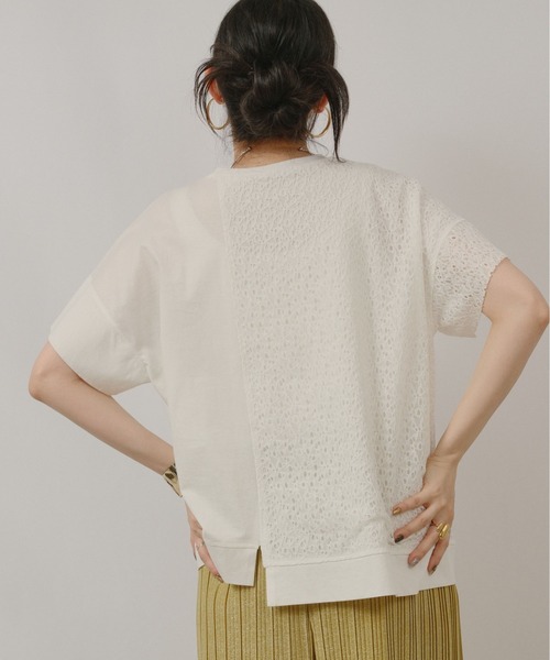 palm RICHE(ポームリシュ)の「アシメレース切替箔ロゴT(Tシャツ/カットソー・レディース・ブラック/オフホワイト・M)」の6枚目の写真