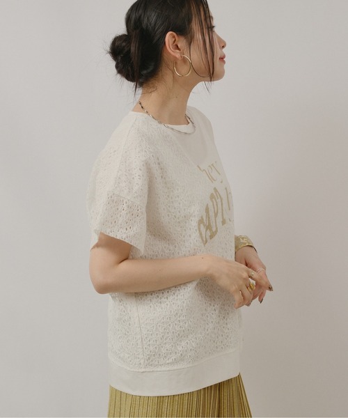 palm RICHE(ポームリシュ)の「アシメレース切替箔ロゴT(Tシャツ/カットソー・レディース・ブラック/オフホワイト・M)」の7枚目の写真