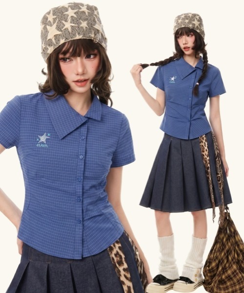 gossip!ロサンゼルス(ゴシップロサンゼルス)の「【Y2Kガーリー】アシンメトリーカラー チェック柄 ハートプリント 半袖シャツ(シャツ/ブラウス・レディース・ネイビー/マルチ・M)」の3枚目の写真