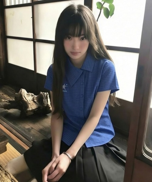 gossip!ロサンゼルス(ゴシップロサンゼルス)の「【Y2Kガーリー】アシンメトリーカラー チェック柄 ハートプリント 半袖シャツ(シャツ/ブラウス・レディース・ネイビー/マルチ・M)」の8枚目の写真