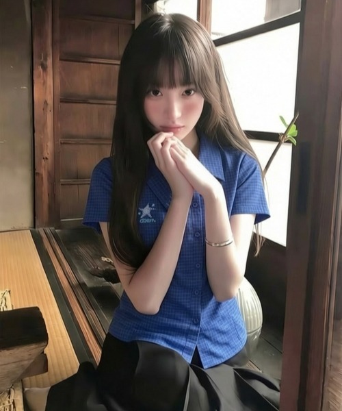 gossip!ロサンゼルス(ゴシップロサンゼルス)の「【Y2Kガーリー】アシンメトリーカラー チェック柄 ハートプリント 半袖シャツ(シャツ/ブラウス・レディース・ネイビー/マルチ・M)」の9枚目の写真