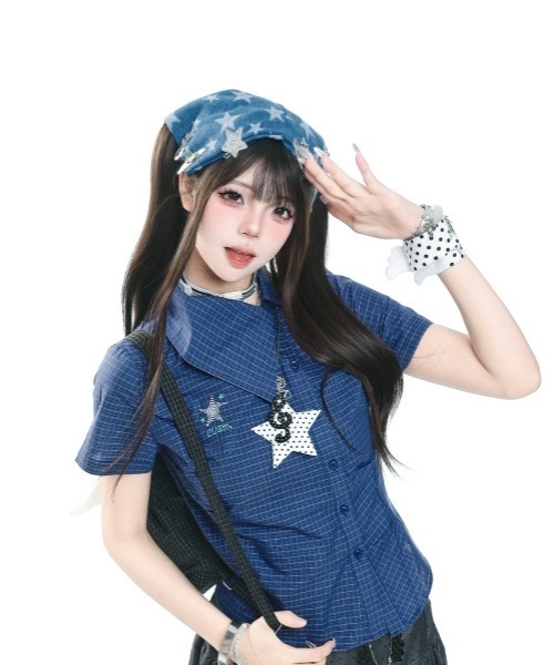 gossip!ロサンゼルス(ゴシップロサンゼルス)の「【Y2Kガーリー】アシンメトリーカラー チェック柄 ハートプリント 半袖シャツ(シャツ/ブラウス・レディース・ネイビー/マルチ・M)」の14枚目の写真