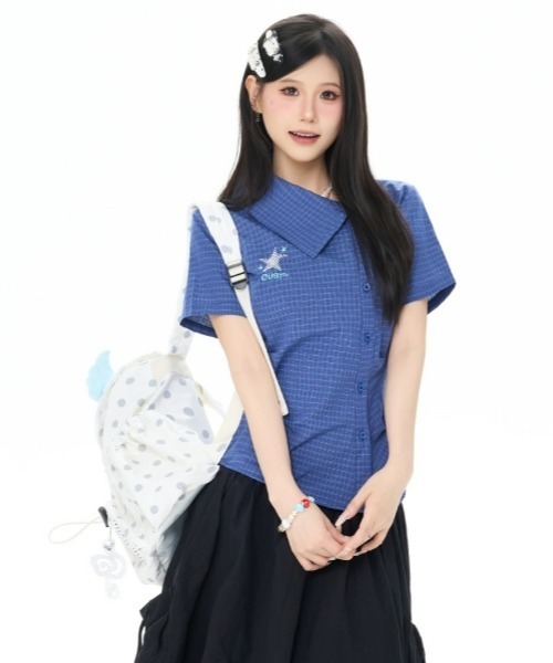gossip!ロサンゼルス(ゴシップロサンゼルス)の「【Y2Kガーリー】アシンメトリーカラー チェック柄 ハートプリント 半袖シャツ(シャツ/ブラウス・レディース・ネイビー/マルチ・M)」の19枚目の写真