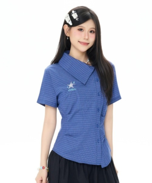 gossip!ロサンゼルス(ゴシップロサンゼルス)の「【Y2Kガーリー】アシンメトリーカラー チェック柄 ハートプリント 半袖シャツ(シャツ/ブラウス・レディース・ネイビー/マルチ・M)」の20枚目の写真