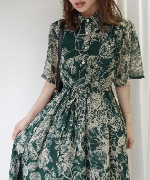 CORNERS(コーナーズ)の「線画フラワー柄シャツワンピース(ワンピース・レディース・グリーン/ブラック/ブルー・M)」の1枚目の写真