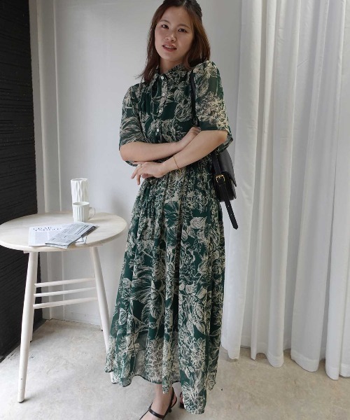 CORNERS(コーナーズ)の「線画フラワー柄シャツワンピース(ワンピース・レディース・グリーン/ブラック/ブルー・M)」の18枚目の写真