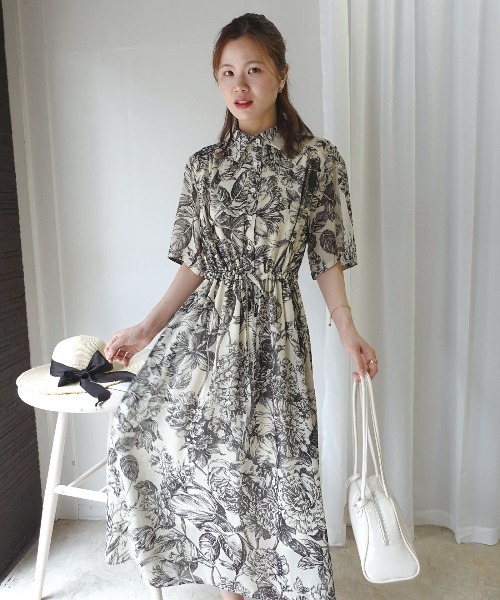 CORNERS(コーナーズ)の「線画フラワー柄シャツワンピース(ワンピース・レディース・グリーン/ブラック/ブルー・M)」の19枚目の写真