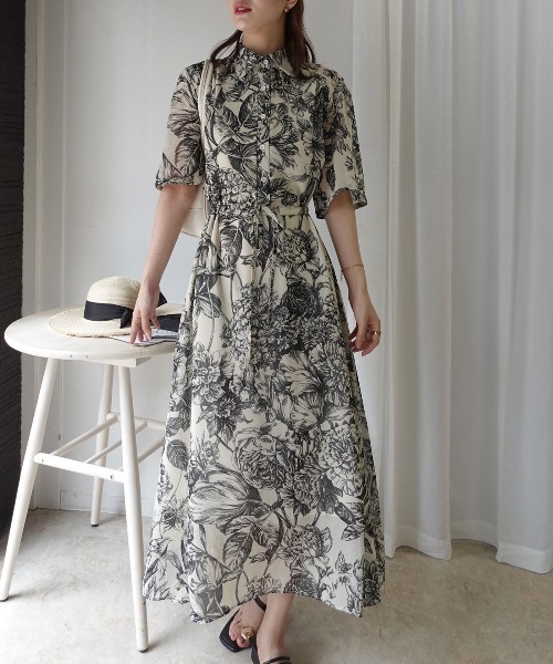 CORNERS(コーナーズ)の「線画フラワー柄シャツワンピース(ワンピース・レディース・グリーン/ブラック/ブルー・M)」の12枚目の写真