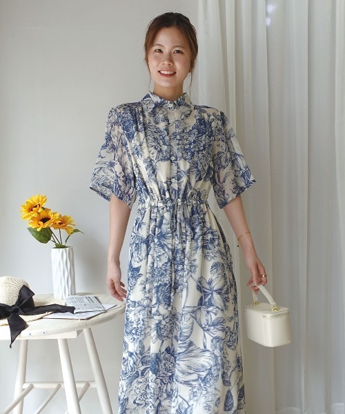 CORNERS(コーナーズ)の「線画フラワー柄シャツワンピース(ワンピース・レディース・グリーン/ブラック/ブルー・M)」の16枚目の写真