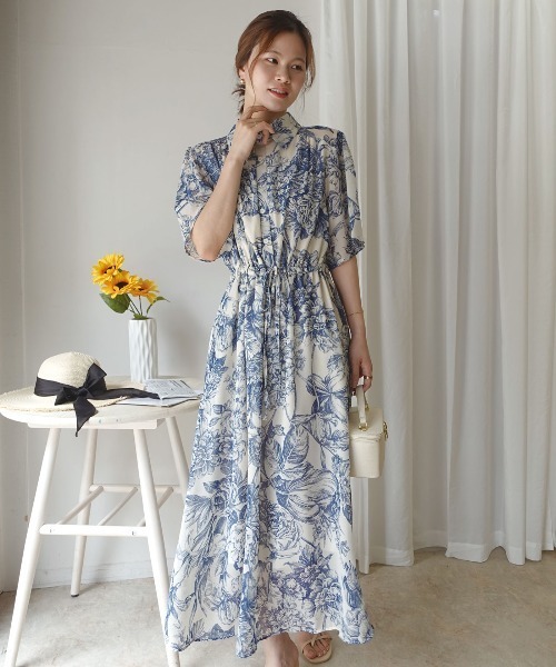 CORNERS(コーナーズ)の「線画フラワー柄シャツワンピース(ワンピース・レディース・グリーン/ブラック/ブルー・M)」の11枚目の写真