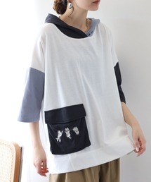 ねこ刺繍クレイジー七分袖パーカー