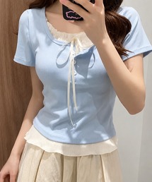 Silly | 【ガーリー感たっぷり◎】レイヤード風オフショル半袖カットソー(Tシャツ/カットソー)