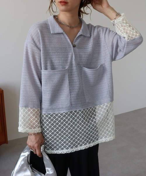 zena(ジェナ)の「メッシュレース配色ポロプルオーバー(その他トップス・レディース・ライトブルー/オフホワイト/モカ・FREE)」の2枚目の写真