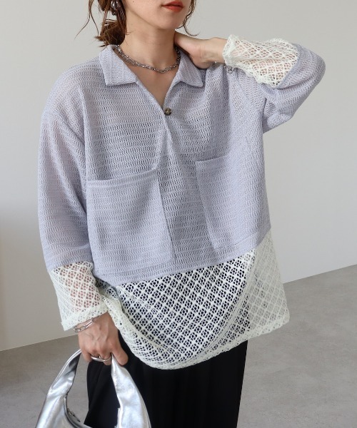zena(ジェナ)の「メッシュレース配色ポロプルオーバー(その他トップス・レディース・ライトブルー/オフホワイト/モカ・FREE)」の10枚目の写真