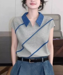 配色ラインアシンメトリーデザインポロトップス レディース 半袖カットソー