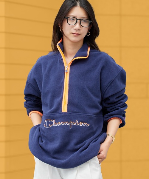 Champion（チャンピオン）の「Champion/チャンピオン HALF ZIP JACKET ハーフジップ ジャケット フリース フロント ブランドロゴ 刺繍 パイピング メンズ レディース 2026年秋冬 秋服（スウェット・メンズ・ブラック/ネイビー/イエロー系/ライトオレンジ系・M/L）」の2枚目の写真