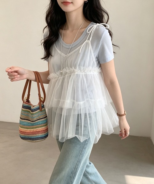 gossip!ロサンゼルス(ゴシップロサンゼルス)の「ショルダーリボン紐付き Vネックチュールキャミトップス 重ね着用オーバーレイ(キャミソール・レディース・ホワイト/ブルー・M)」の10枚目の写真